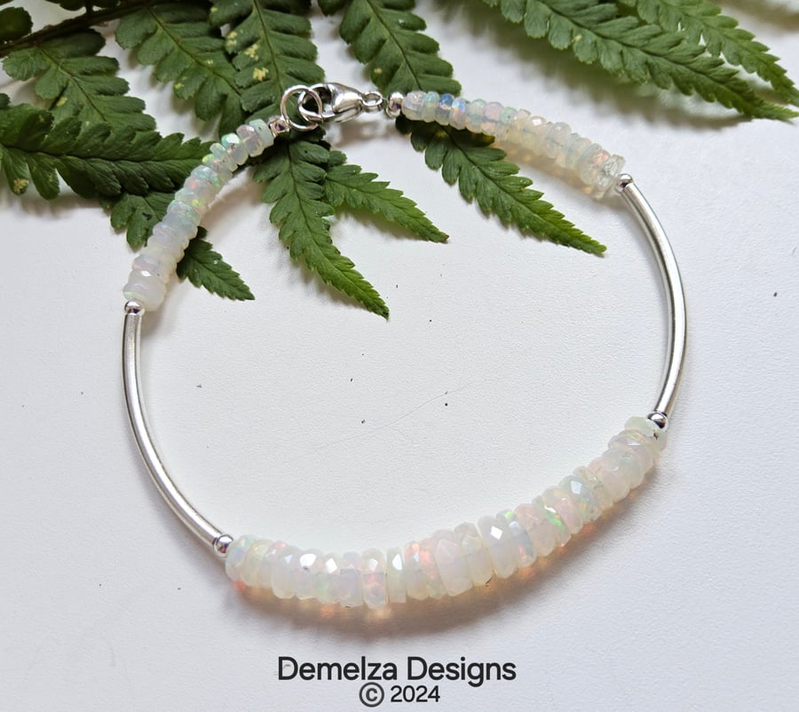 Designer Ethopian Wello Opal Dainty Sterling Silver Bangle - Bracelet 