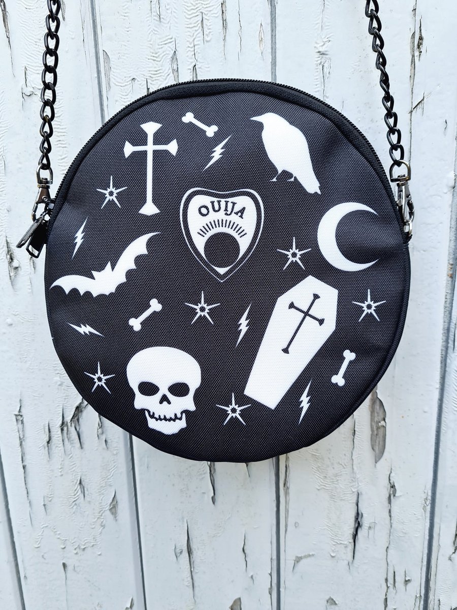 Round Black Gothic Bag - Handbag Coffin Skeleton Horror Ouija Bat