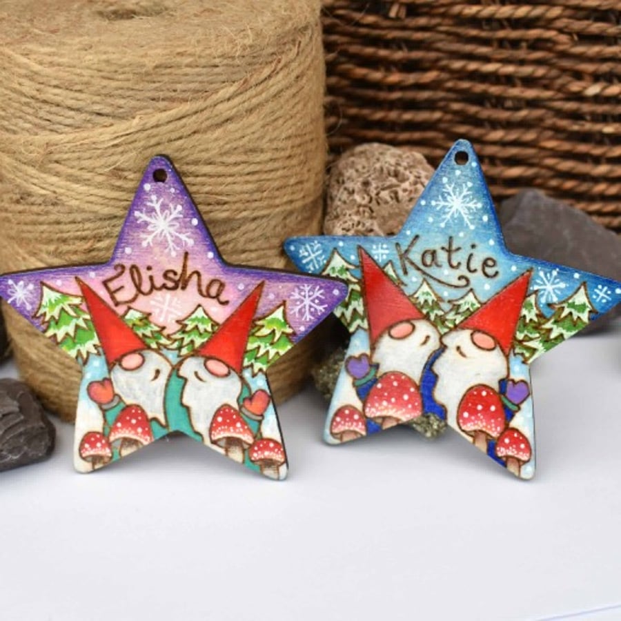 Gnomes! One Star personalised wooden gnome pyrography Christmas tree decoration