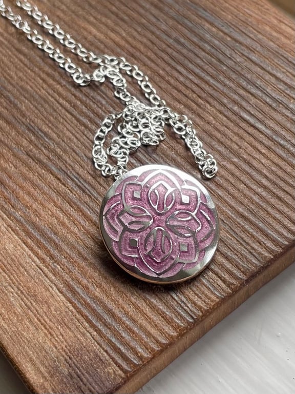 Mandala fine silver pendant in pale lilac