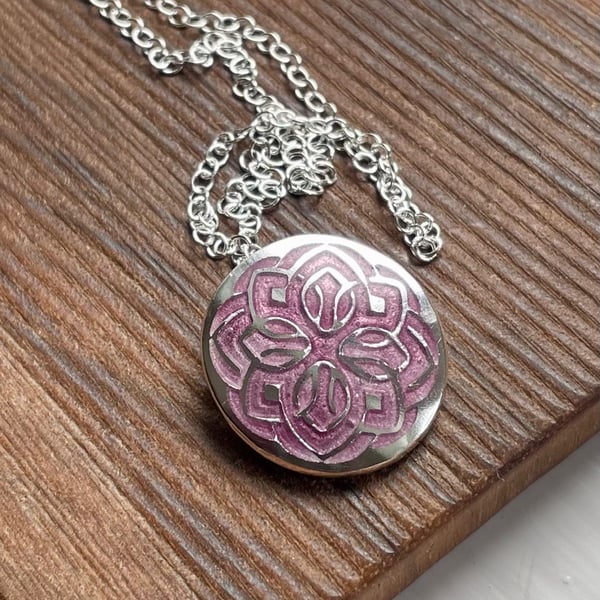 Mandala fine silver pendant in pale lilac