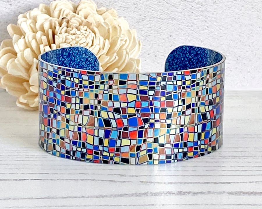 Geometric mosaic wide cuff bracelet, metal jewellery bangle. Personalised. (245)