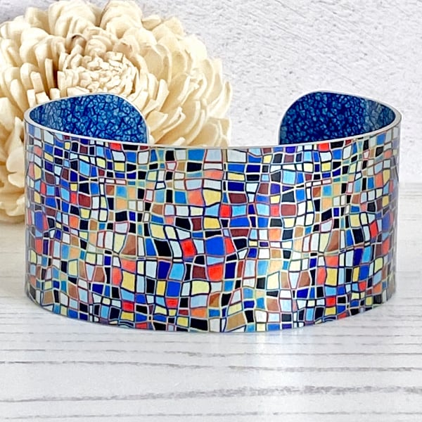 Geometric mosaic wide cuff bracelet, metal jewellery bangle. Personalised. (245)