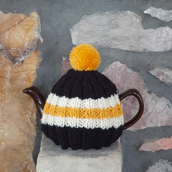 Small Tea Cosy for 2 Cup Tea Pot, Black, Yellow, Cream Hand Knitted, Wool Mix