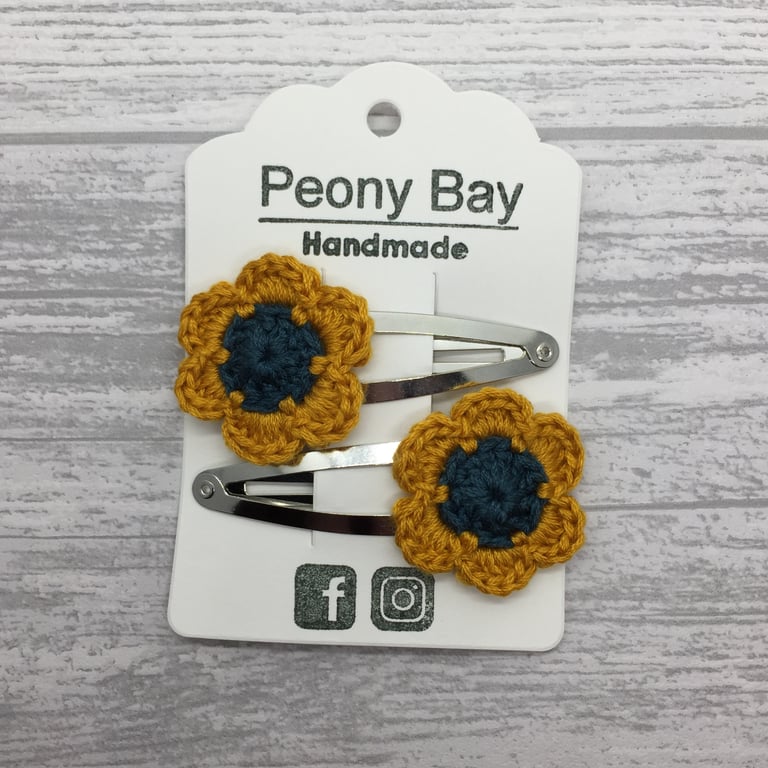 Flower hair clips in navy & mustard 