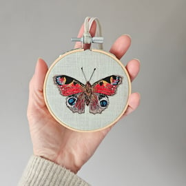 Peacock butterfly mini hoop, handmade hanging decoration, embroidered