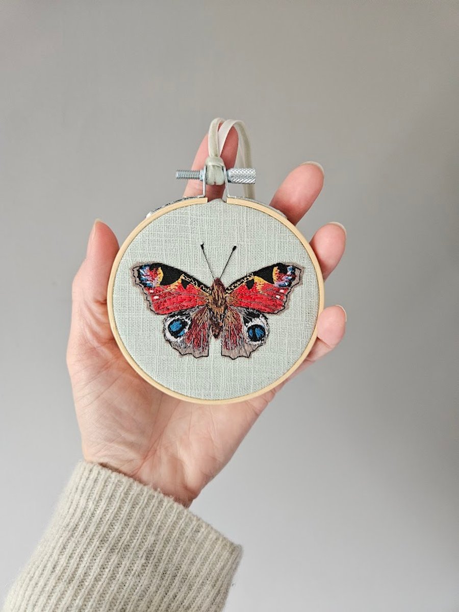 Peacock butterfly mini hoop, handmade hanging decoration, embroidered