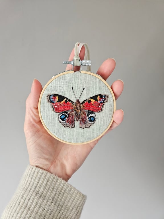 Peacock butterfly mini hoop, handmade hanging decoration, embroidered