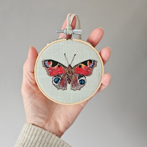 Peacock butterfly mini hoop, handmade hanging decoration, embroidered