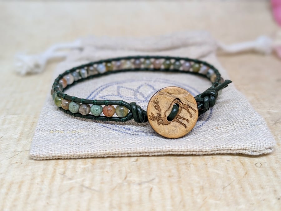 Dark green leather and earth toned jasper bracelet with wooden stag button 