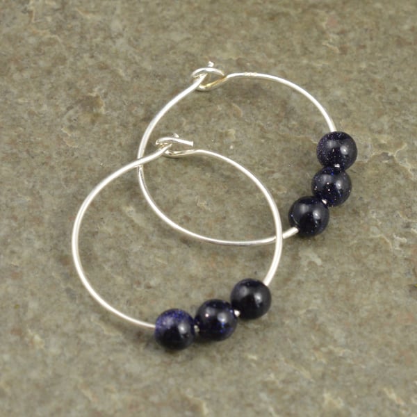 Boho 4mm Sparkly Blue Goldstone Gemstone & 20mm Sterling Silver Hoop Earrings