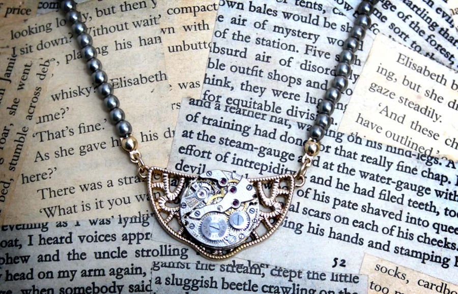 Vintage Steampunk Watch Movement Pearl and Gold Necklace