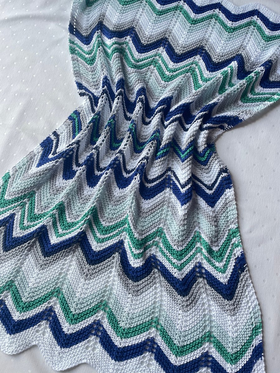 Grey, blue and green striped baby blanket in 100% cotton 