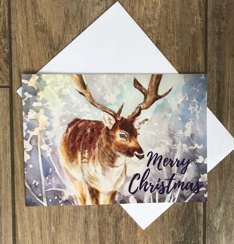 Large stag Christmas winter wonderland card by British artist