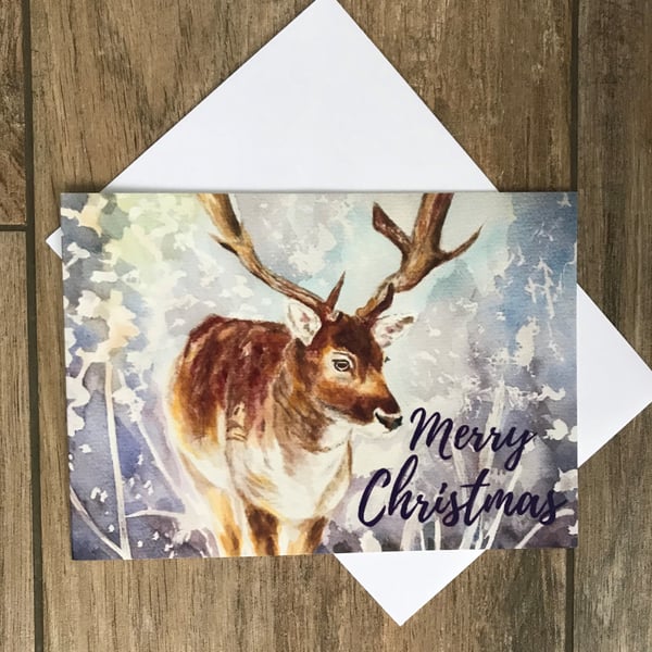 Large stag Christmas winter wonderland card by British artist