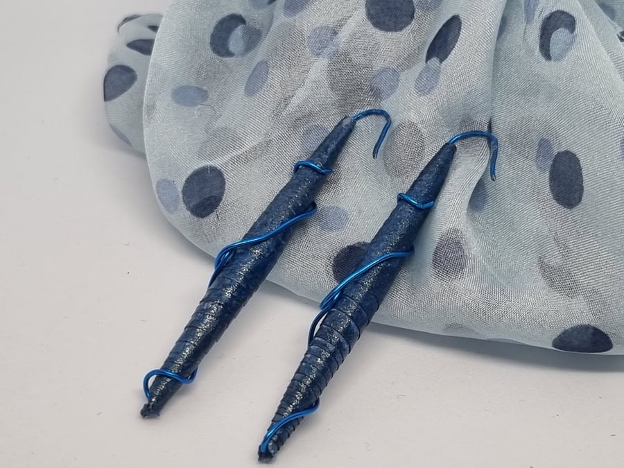 Long blue paper and wire earrings