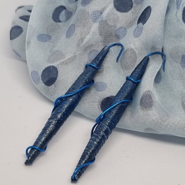 Long blue paper and wire earrings
