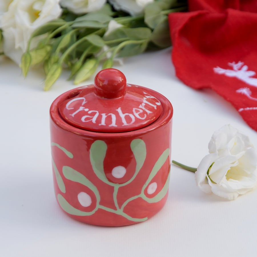 Christmas Red Mistletoe Cranberry Sauce Pot - Hand Painted