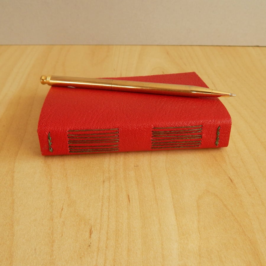 Red Leather pocket journal with green binding. Hand made book. Valentines Day