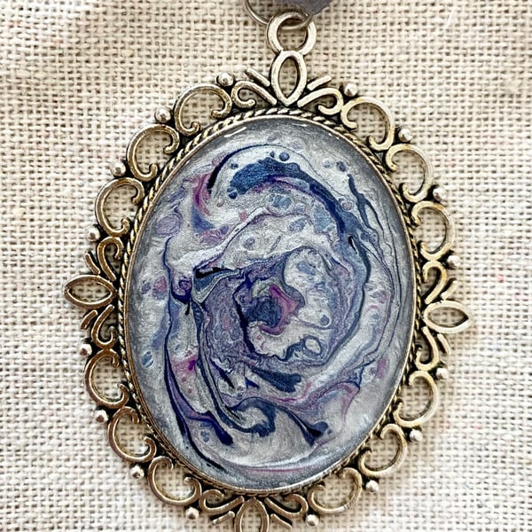 Large Blue and Silver Resin Pendant on Ribbon