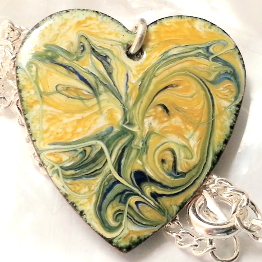 pendant - heart scrolled blue on yellow over white