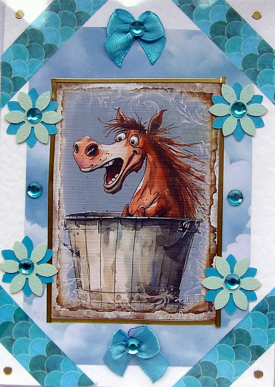 Bathing Laughing Pony - Hand Crafted Decoupage Greeting Card - Blank - 3137