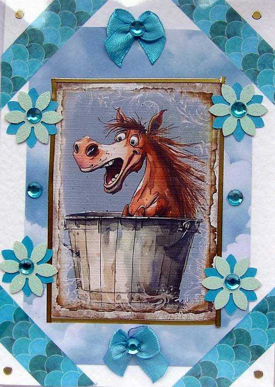 Bathing Laughing Pony - Hand Crafted Decoupage Greeting Card - Blank - 3137