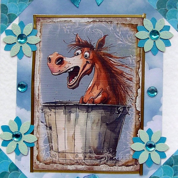Bathing Laughing Pony - Hand Crafted Decoupage Greeting Card - Blank - 3137