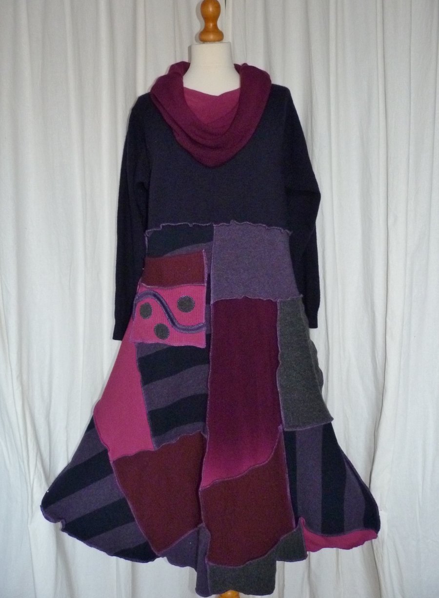 Upcycled Wool Sweater Dress in Blues and Purples. Refashioned from Jumpers.