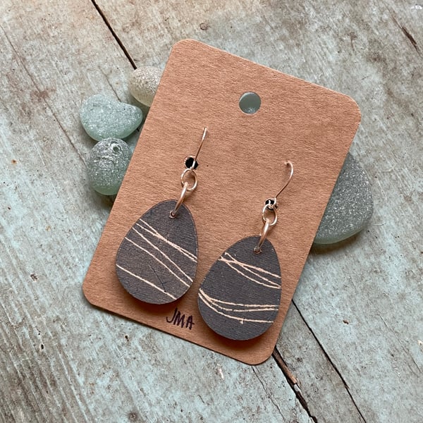 Wooden pebble nature print drop earrings handmade