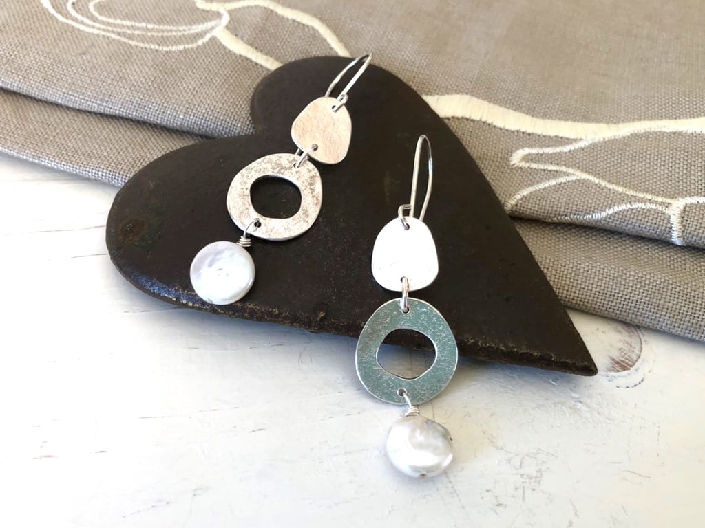Asymmetrical Sterling Silver & Pearl Drop Earrings