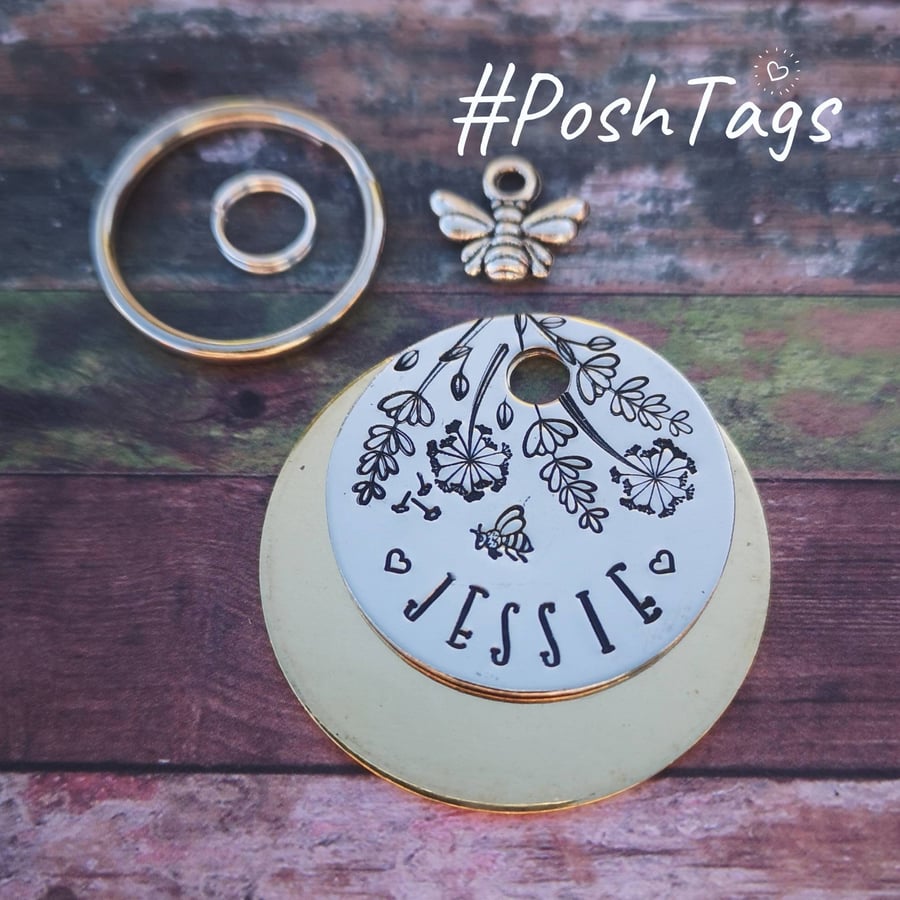 Wildflowers and wishflowers and bee - pet cat dog ID tag PoshTags Collar Christm