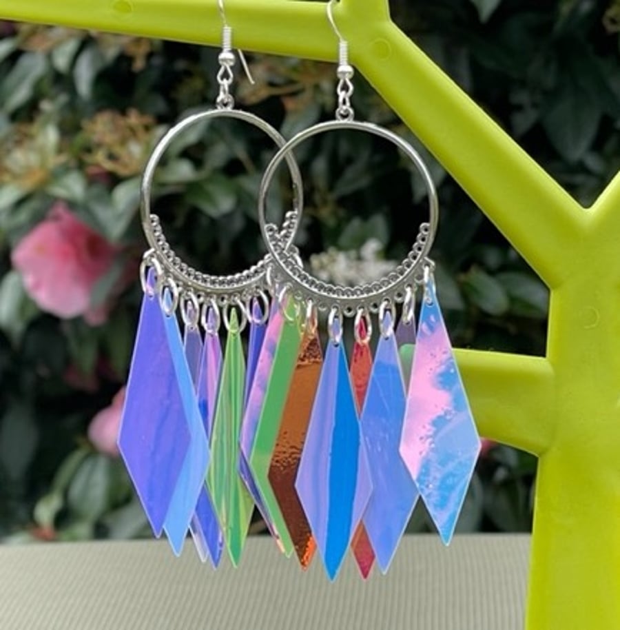 RAINBOW FRINGE EARRINGS holographic cool statement festival y2k iridescent