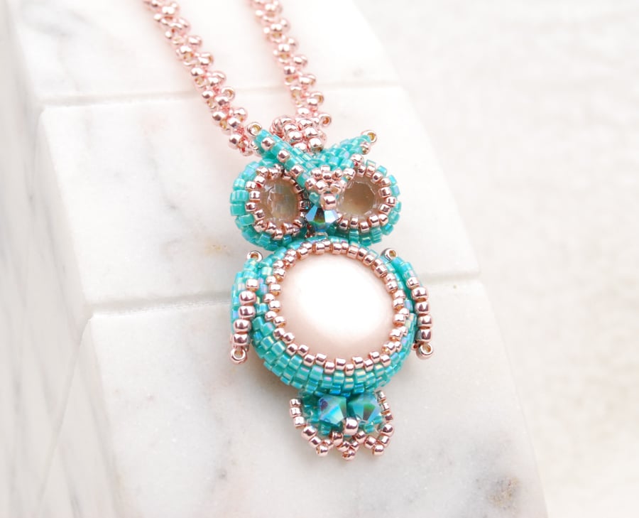 Turquoise & blush pink owl pendant with beaded necklace chain, Bird lovers gift