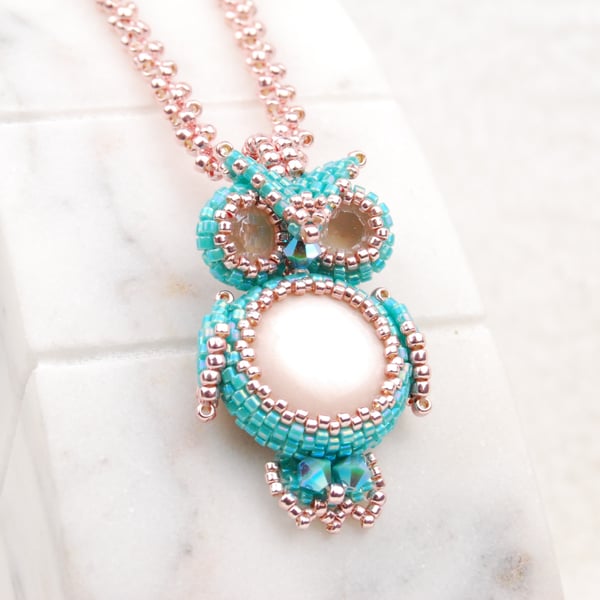 Turquoise & blush pink owl pendant with beaded necklace chain, Bird lovers gift