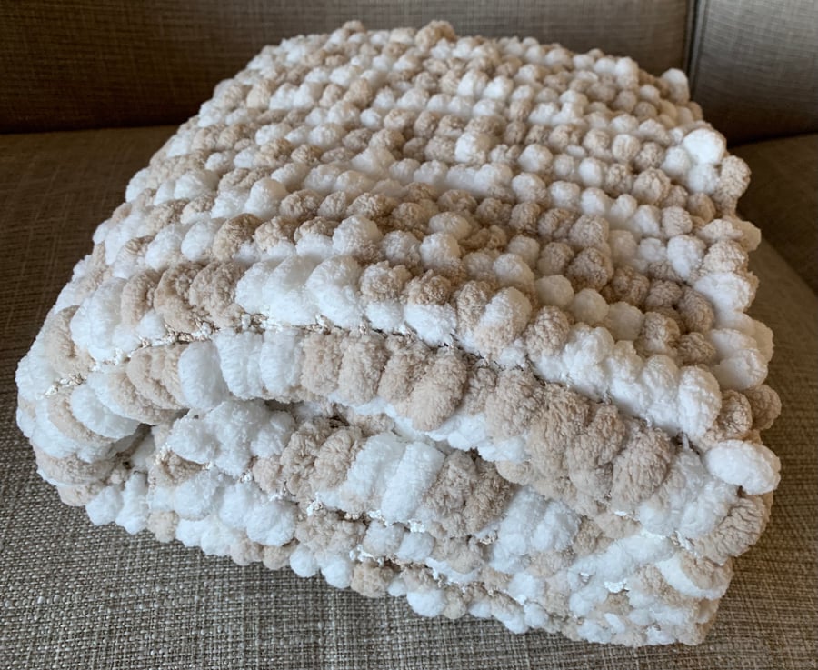 Beige And White Baby Blanket, Hand knitted In a Chunky Pom Pom Wool. 
