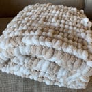 Beige And White Baby Blanket, Hand knitted In a Chunky Pom Pom Wool. 