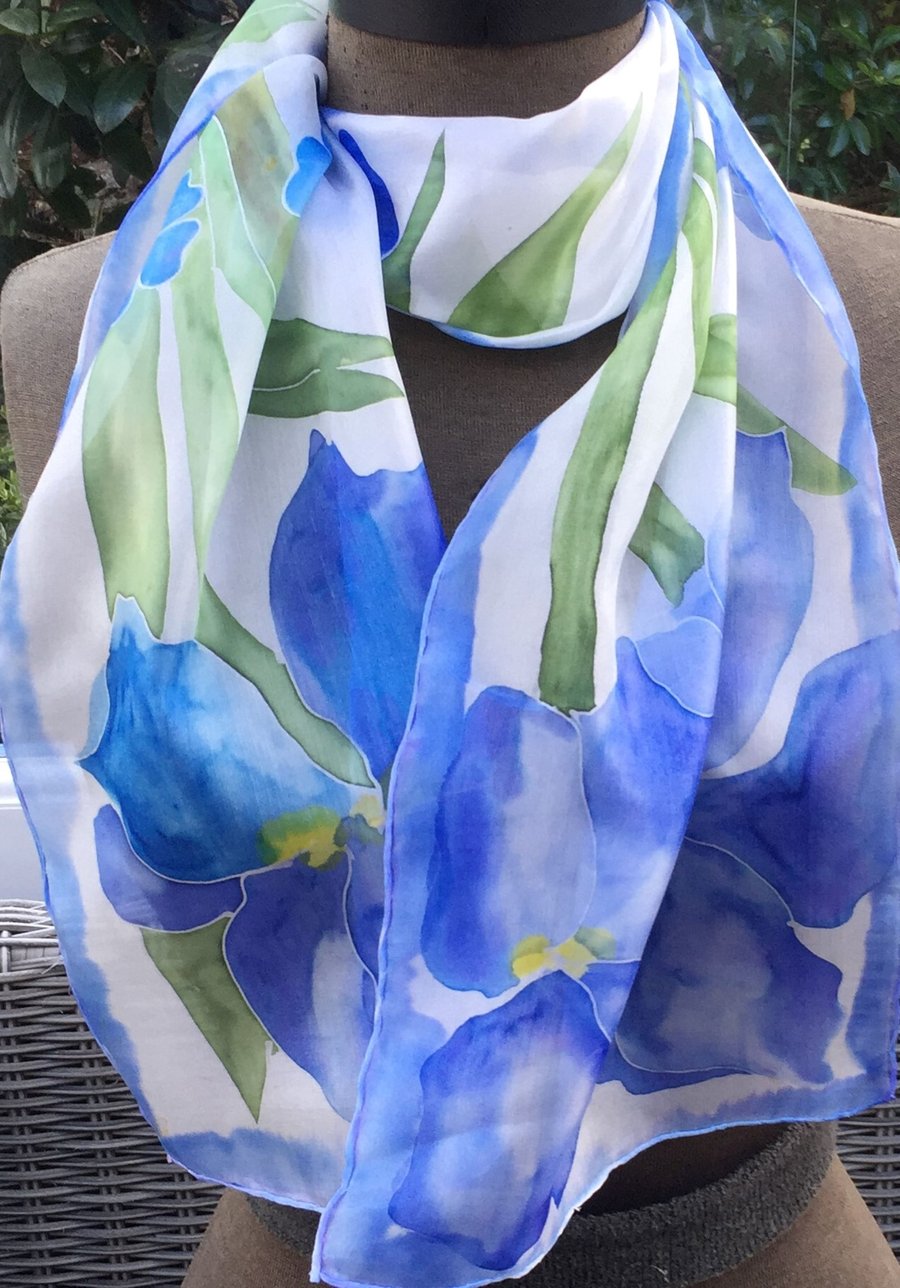 Blue Iris hand painted silk scarf