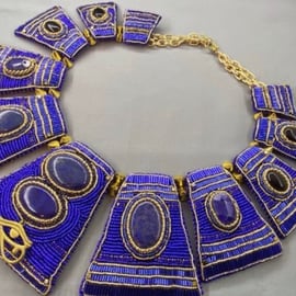 Egyptian Cleopatra Beaded Lapis Lazuli & Agate Full Collar Statement Necklace