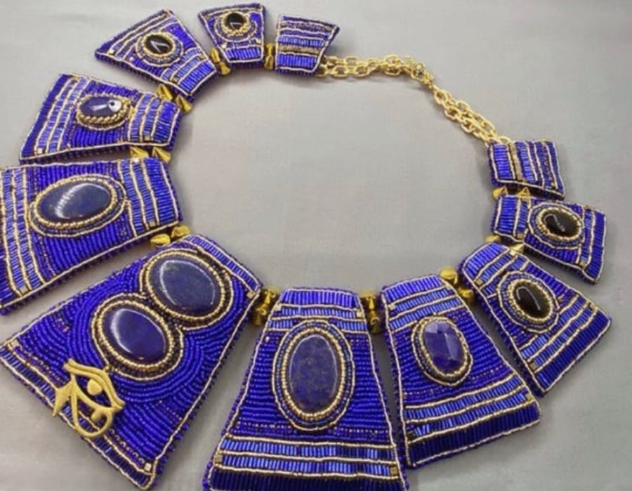 Egyptian Cleopatra Beaded Lapis Lazuli & Agate Full Collar Statement Necklace
