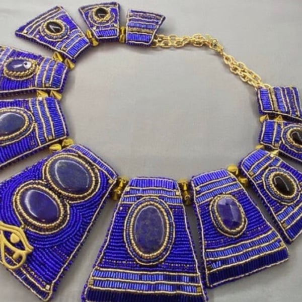 Egyptian Cleopatra Beaded Lapis Lazuli & Agate Full Collar Statement Necklace