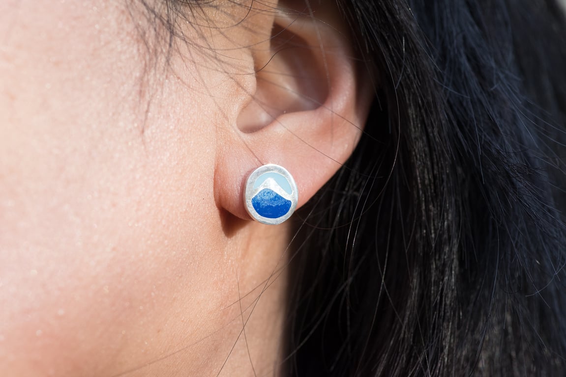 Blue Enamel My Wave Studs, Silver Ocean Theme studs