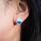 Blue Enamel My Wave Studs, Silver Ocean Theme studs