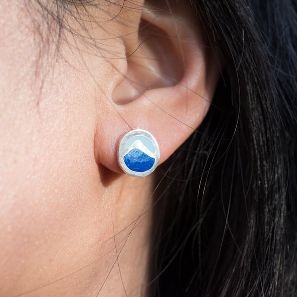 Blue Enamel My Wave Studs, Silver Ocean Theme studs