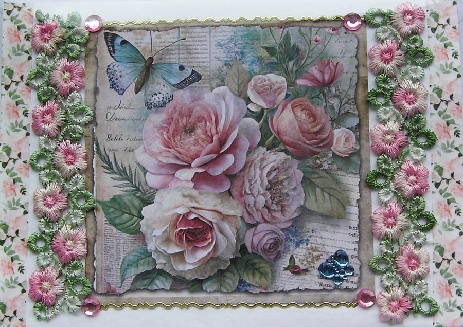Pink Rose Flowers - Hand Crafted Decoupage Greeting Card - Blank 3129