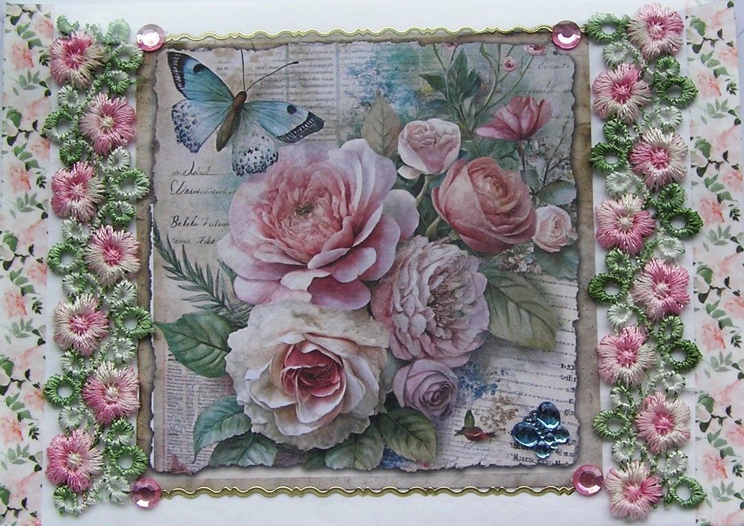Pink Rose Flowers - Hand Crafted Decoupage Greeting Card - Blank 3129