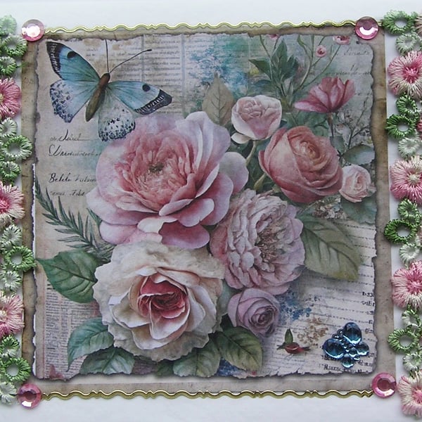 Pink Rose Flowers - Hand Crafted Decoupage Greeting Card - Blank 3129
