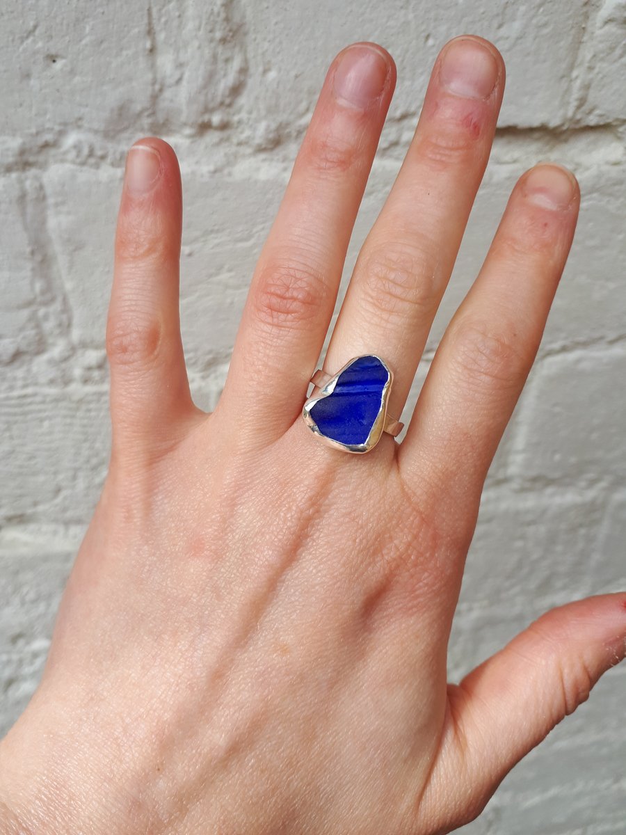 Dark cobalt blue seaglass ring