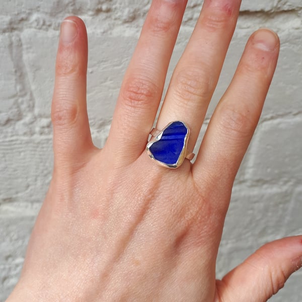 Dark cobalt blue seaglass ring