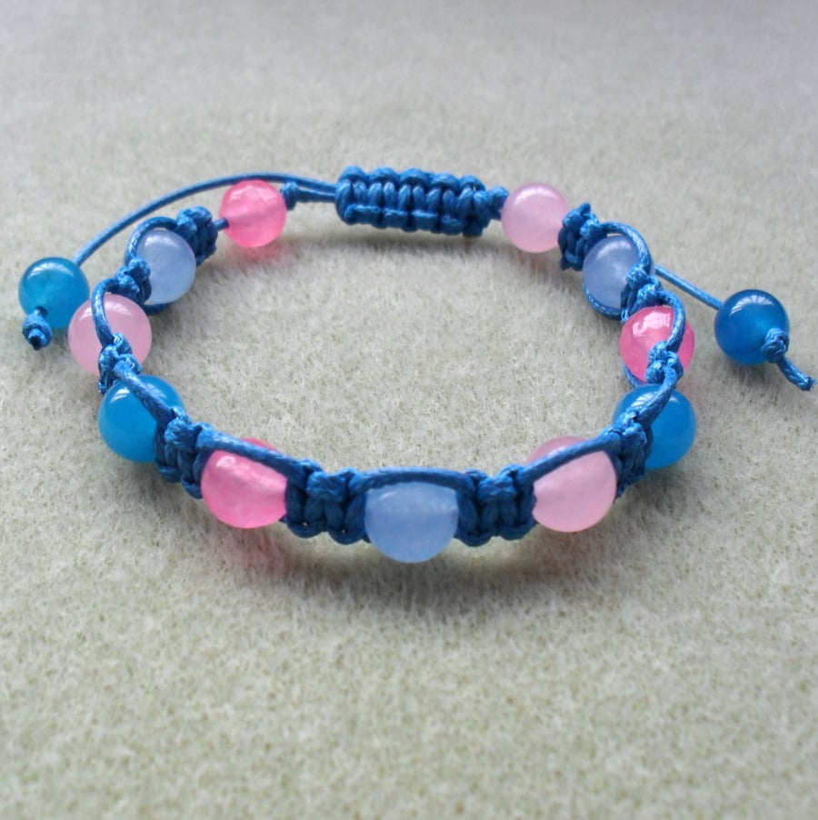 Blue and Pink Macrame Bracelet With Semi Precious Gemstones
